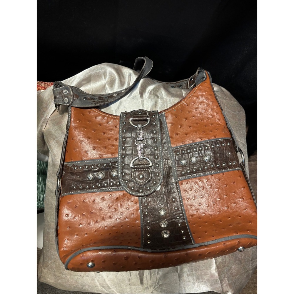 Western Ostrich Croc Embossed Studded Shoulder Bag Brown Horsebit Buckle Hobo